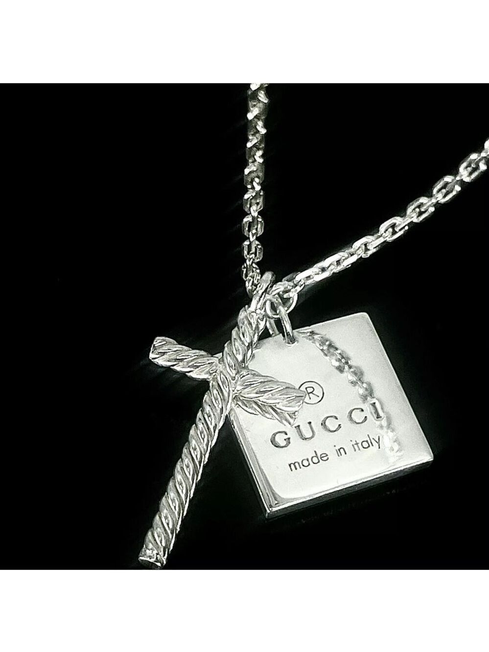 NEW GUCCI Cross and Square Tag Necklace - Gucci 925 Silver Double Pendant - Picture 4 of 9
